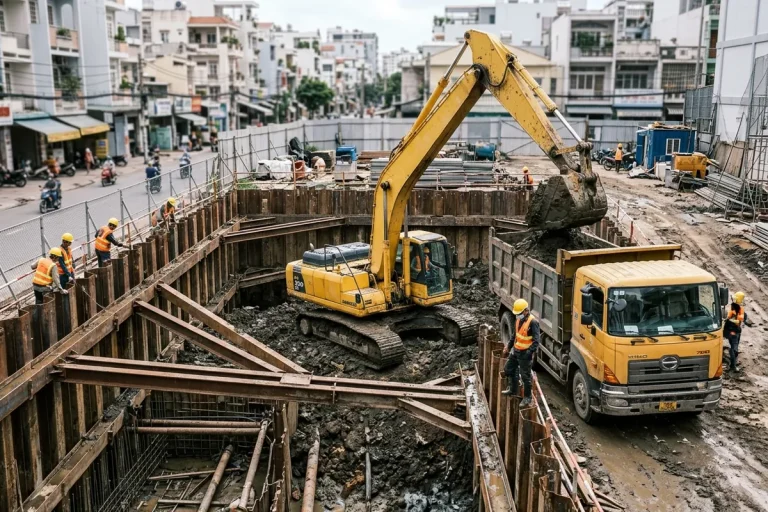Đào tầng hầm sâu 3,2 m có cừ thép và hệ chống