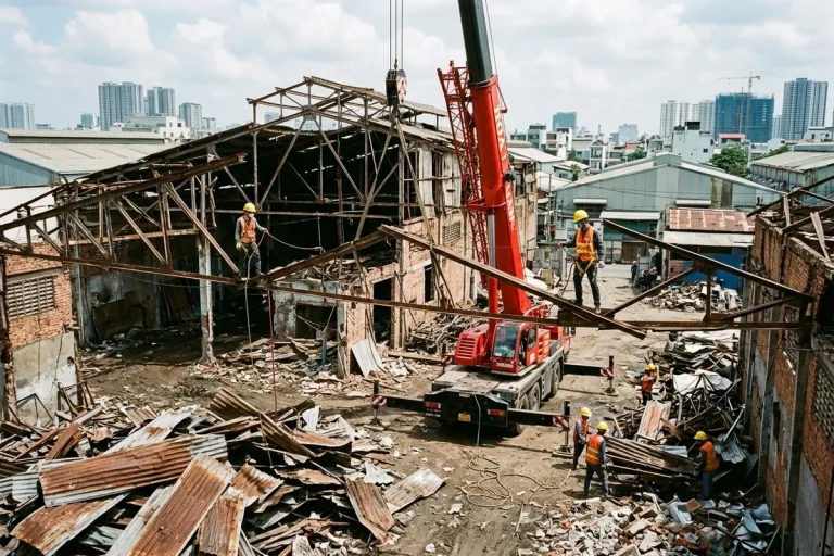Phá dỡ nhà xưởng khung thép 1.200 m², thu hồi thép