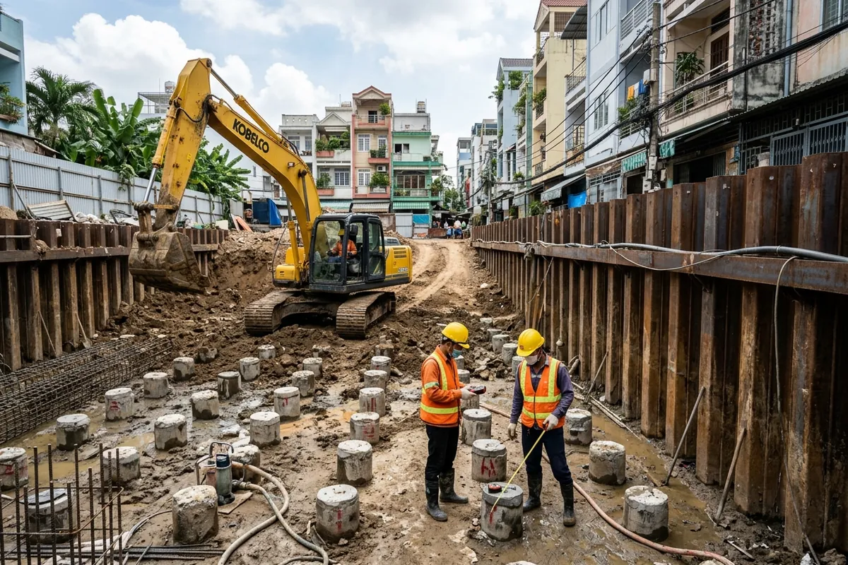 Máy xúc đào móng nhà phố
