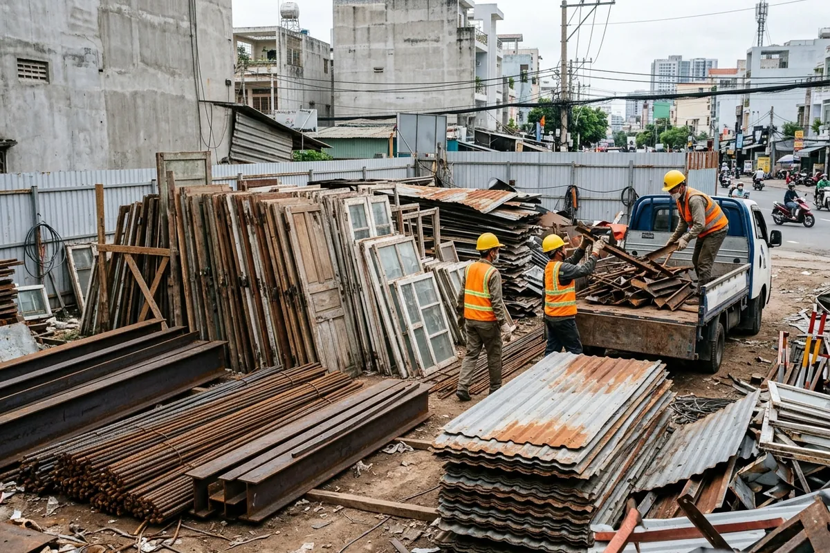 Thu hồi sắt thép, cửa gỗ từ nhà cũ trước khi phá dỡ