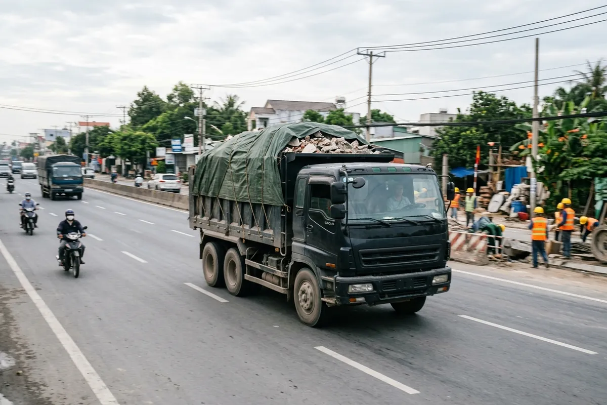Xe ben chở phế thải trên đường TP.HCM